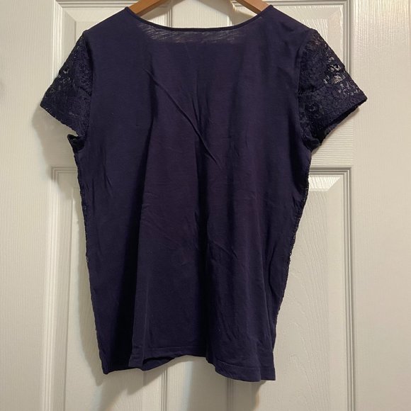 LOFT T-Shirt Lace Sleeve and Detail Size Large Navy Blue - Picture 2 of 4